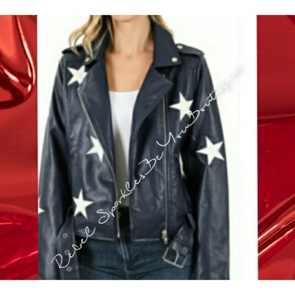 Leather jacket Embroidered white stars size L 10-12 - Picture 2 of 8